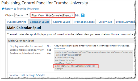 Main calendar spud with filter view URL